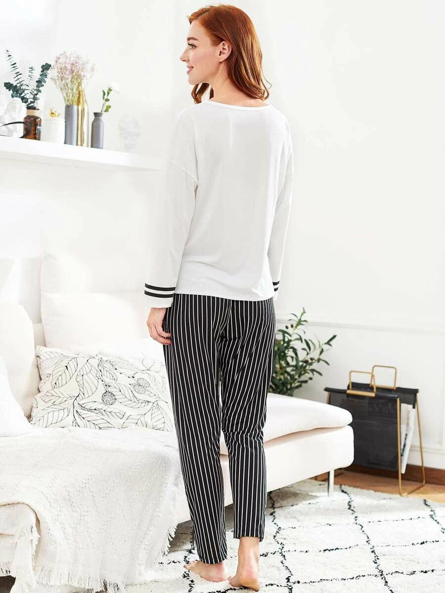 Slit Detail Striped Long Pajama Set Periwinkley Shop