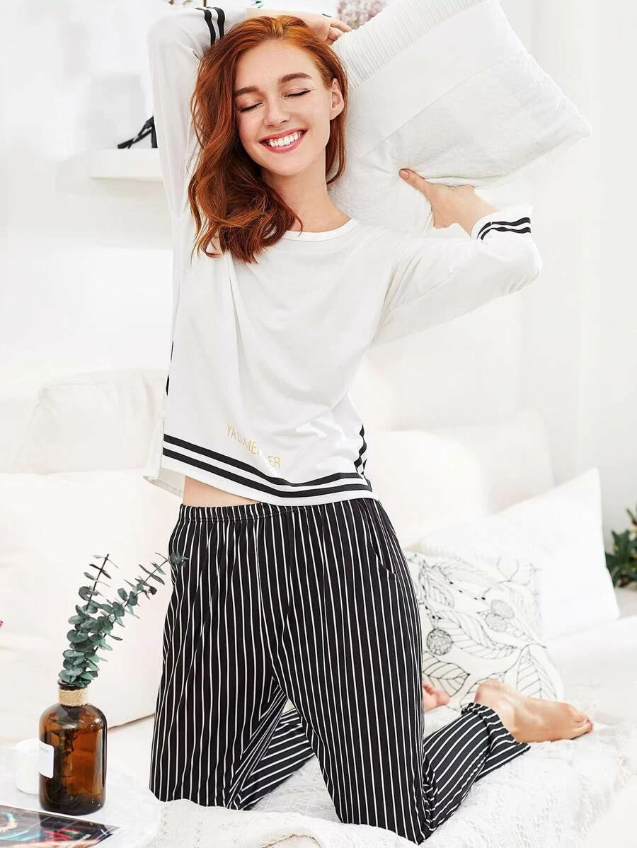 Slit Detail Striped Long Pajama Set Periwinkley Shop