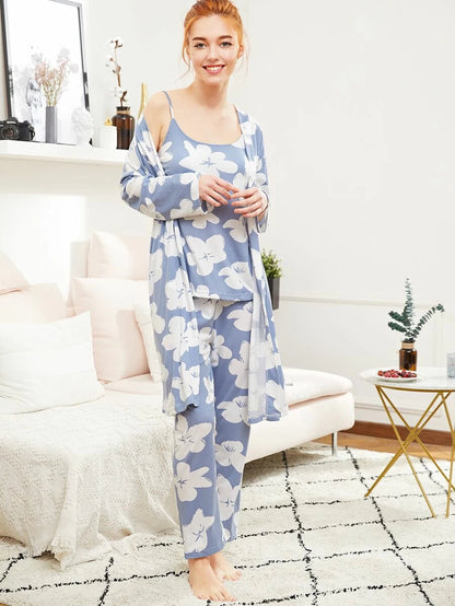 Calico Print Cami Pajama Set With Robe Periwinkley Shop