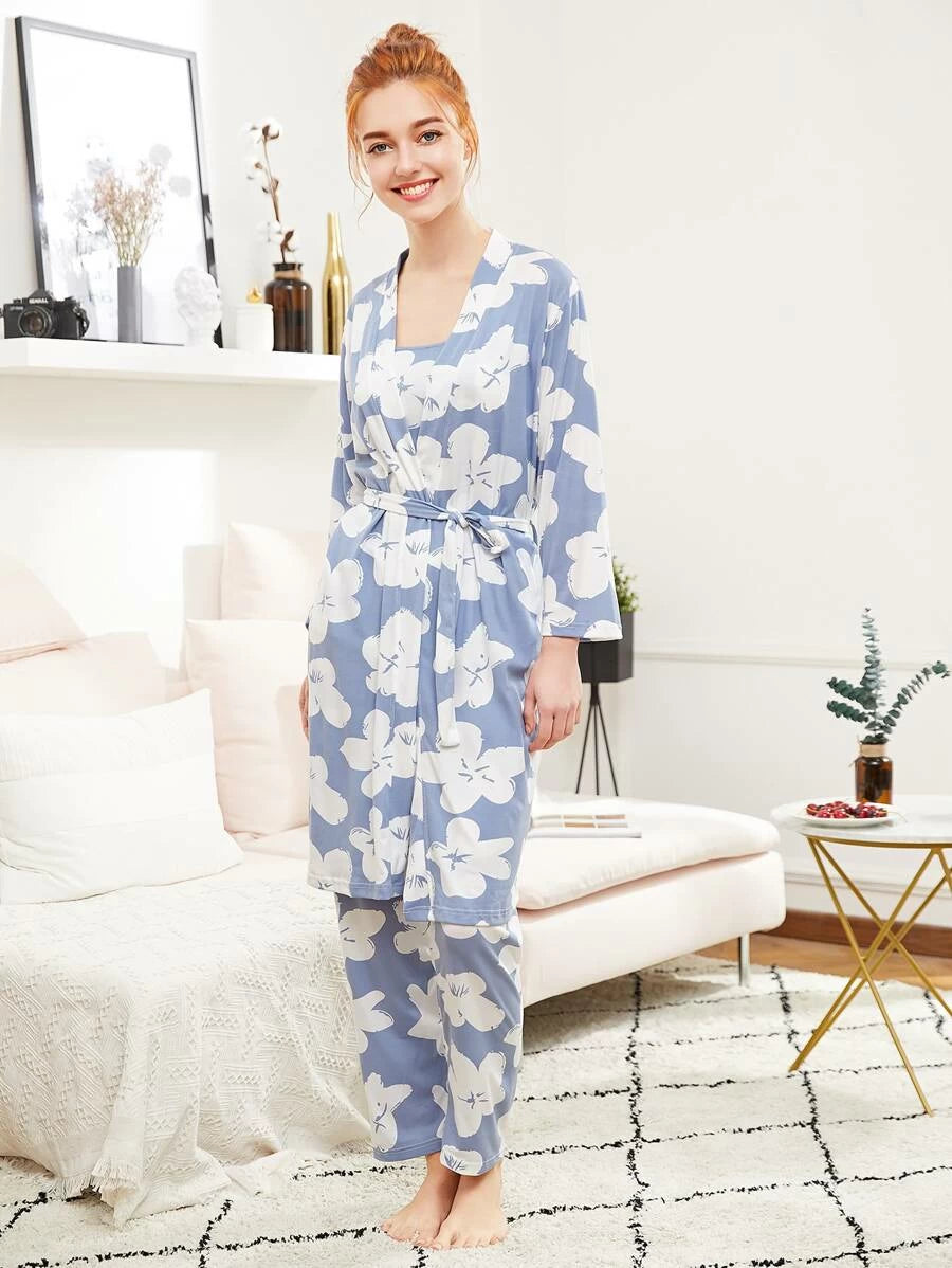 Calico Print Cami Pajama Set With Robe Periwinkley Shop