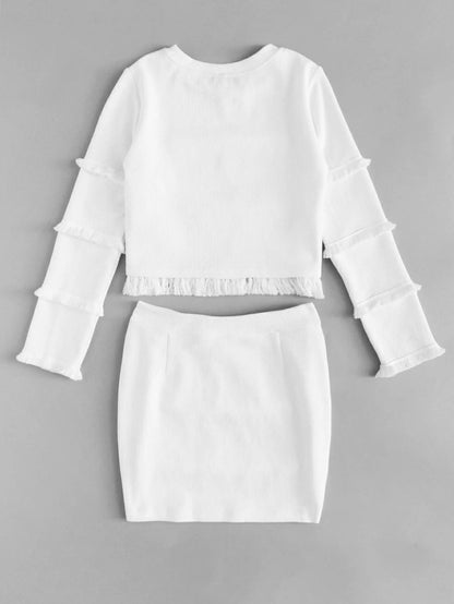 Fringe Detail Textured Crop Top & Skirt Set Periwinkley Shop