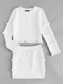 Fringe Detail Textured Crop Top & Skirt Set Periwinkley Shop