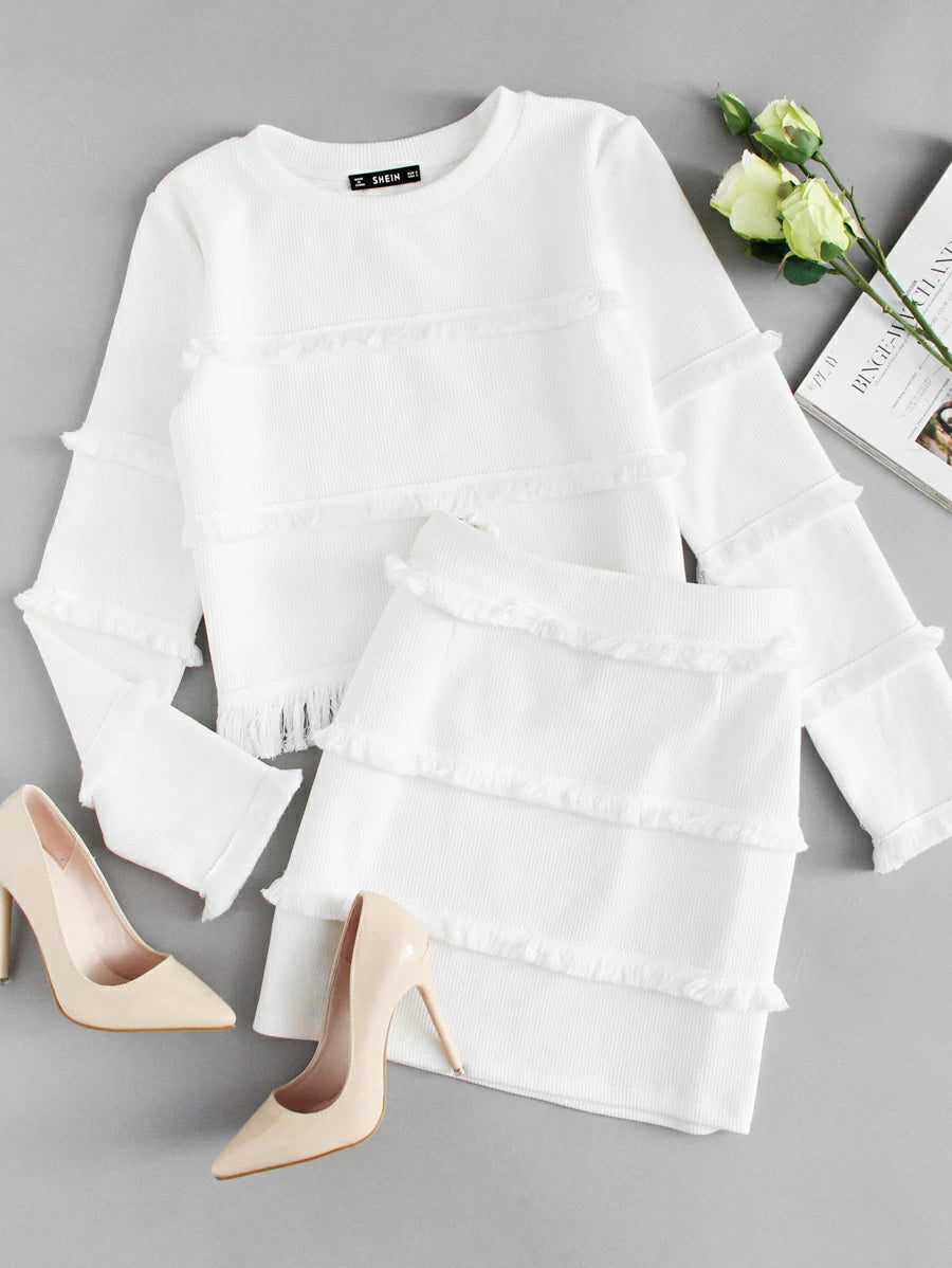 Fringe Detail Textured Crop Top & Skirt Set Periwinkley Shop