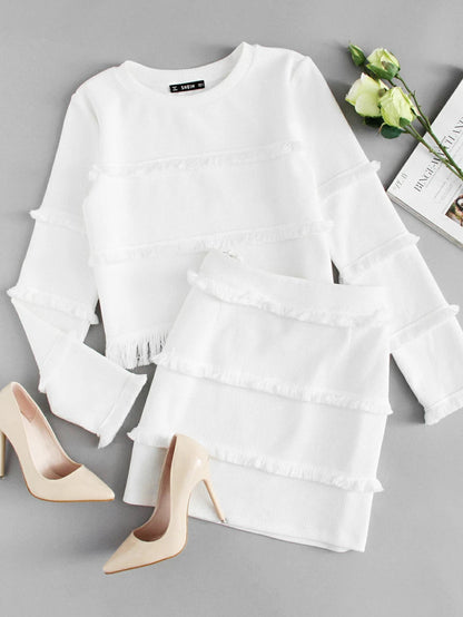 Fringe Detail Textured Crop Top & Skirt Set Periwinkley Shop