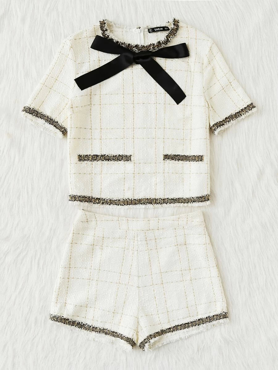 Frayed Tape Applique Tweed Top & Shorts Set Periwinkley Shop