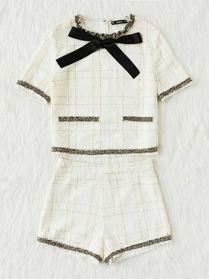 Frayed Tape Applique Tweed Top & Shorts Set Periwinkley Shop