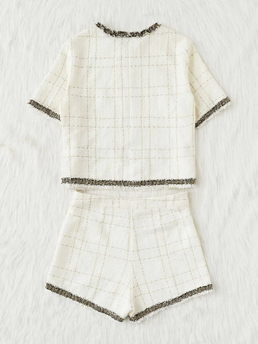 Frayed Tape Applique Tweed Top & Shorts Set Periwinkley Shop