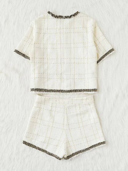 Frayed Tape Applique Tweed Top & Shorts Set Periwinkley Shop