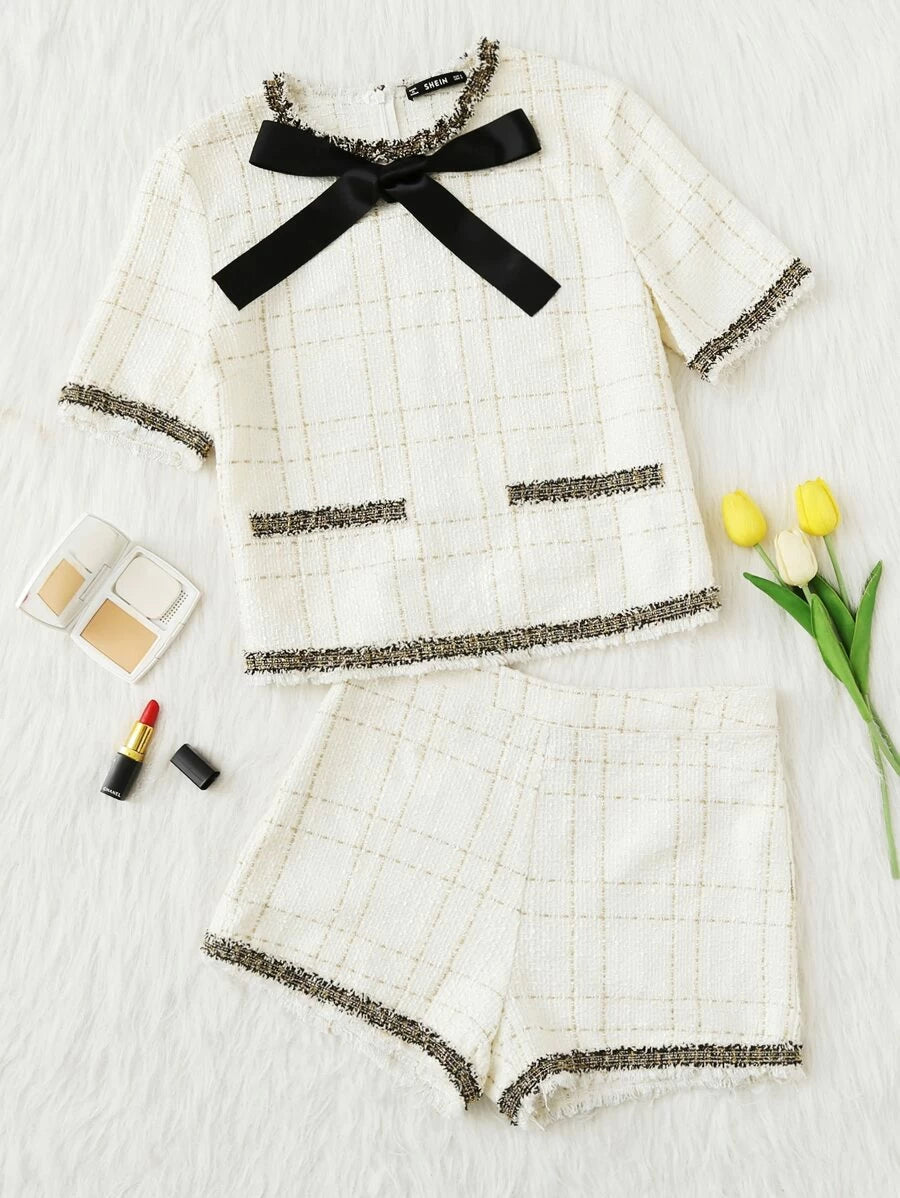 Frayed Tape Applique Tweed Top & Shorts Set Periwinkley Shop