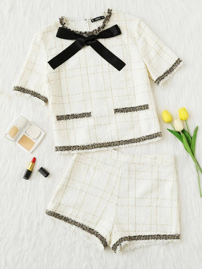 Frayed Tape Applique Tweed Top & Shorts Set Periwinkley Shop