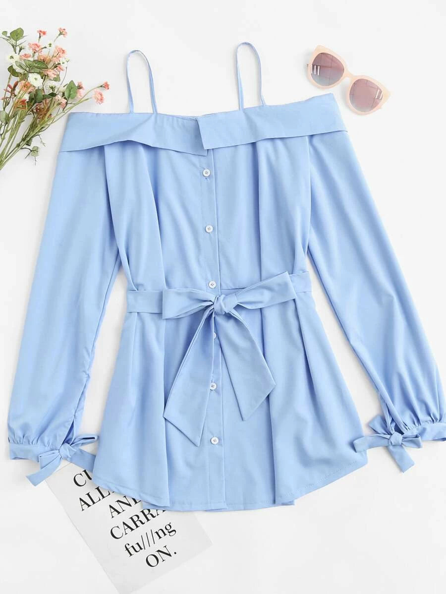 Cold Shoulder Self Tie Waist Dress Periwinkley Shop