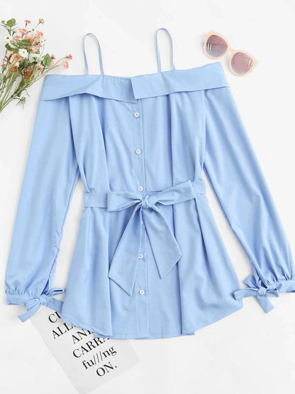 Cold Shoulder Self Tie Waist Dress Periwinkley Shop