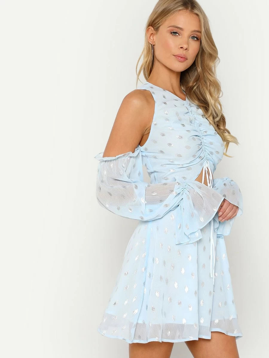 Silver Print Drawstring Front Cold Shoulder Dress Periwinkley Shop