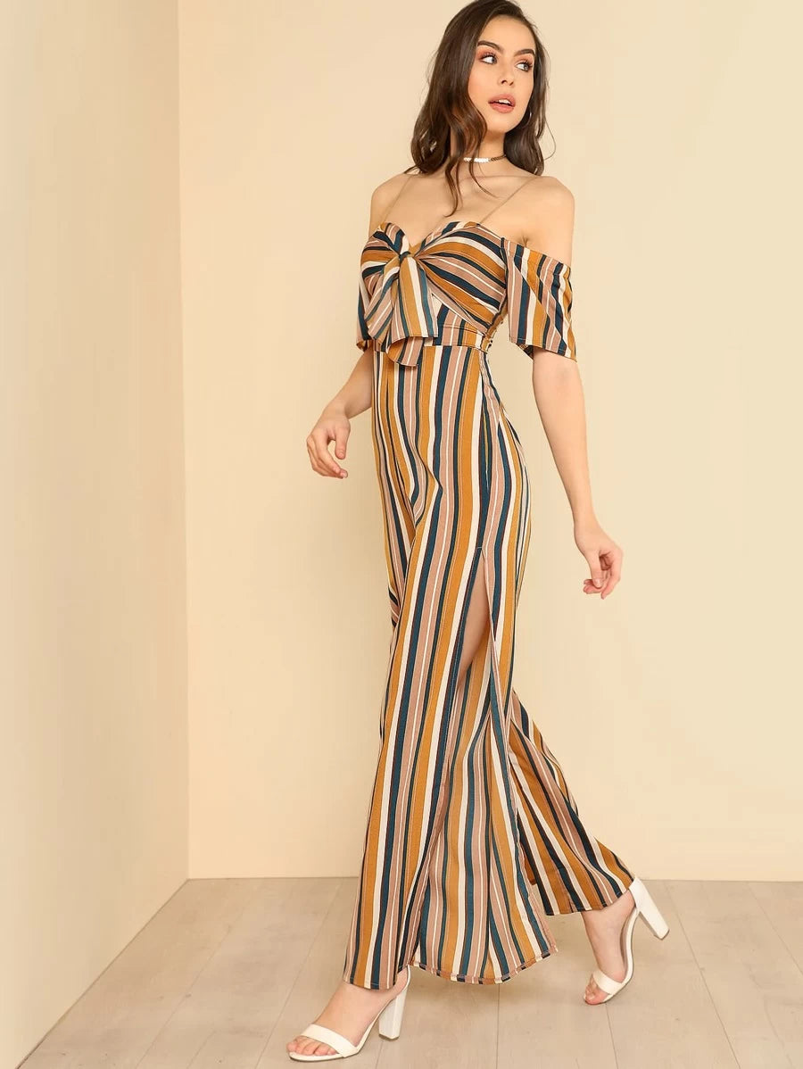 Knot Sweetheart Neck Slit Hem Wide Leg Jumpsuit Periwinkley Shop