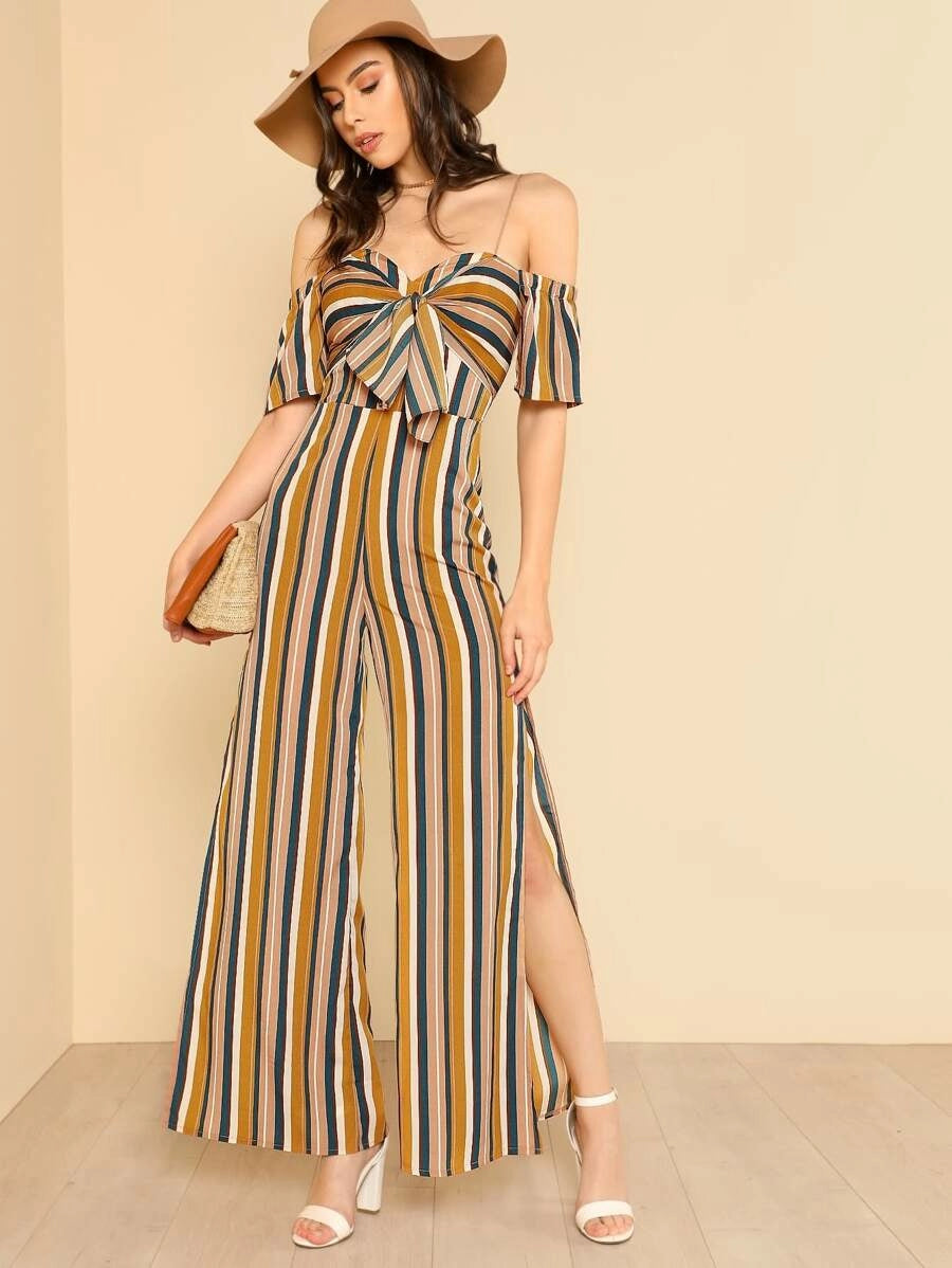 Knot Sweetheart Neck Slit Hem Wide Leg Jumpsuit Periwinkley Shop