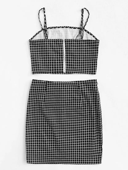 Grid Print Zip Back Cami Top And Skirt Co-Ord Periwinkley Shop