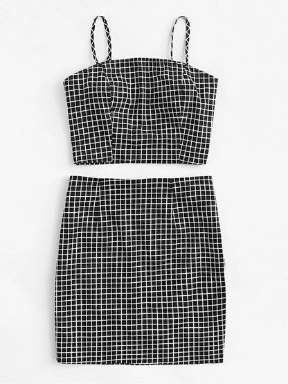 Grid Print Zip Back Cami Top And Skirt Co-Ord Periwinkley Shop