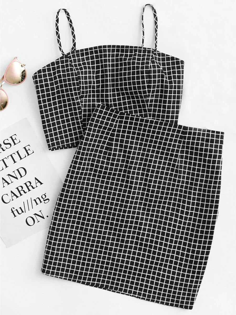 Grid Print Zip Back Cami Top And Skirt Co-Ord Periwinkley Shop