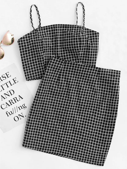 Grid Print Zip Back Cami Top And Skirt Co-Ord Periwinkley Shop