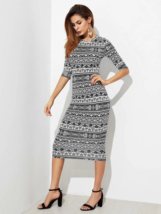 Tribal Print Form Fitting Dress Periwinkley Shop