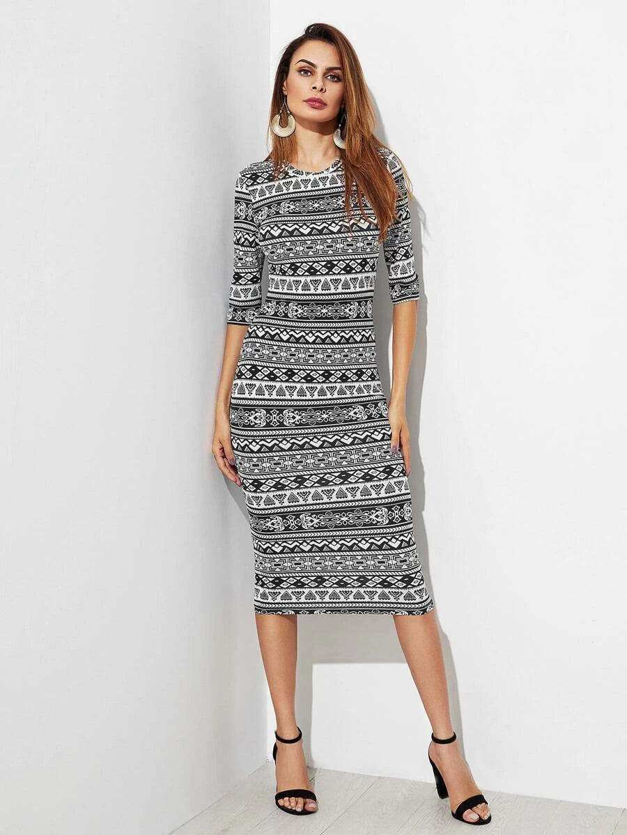 Tribal Print Form Fitting Dress Periwinkley Shop