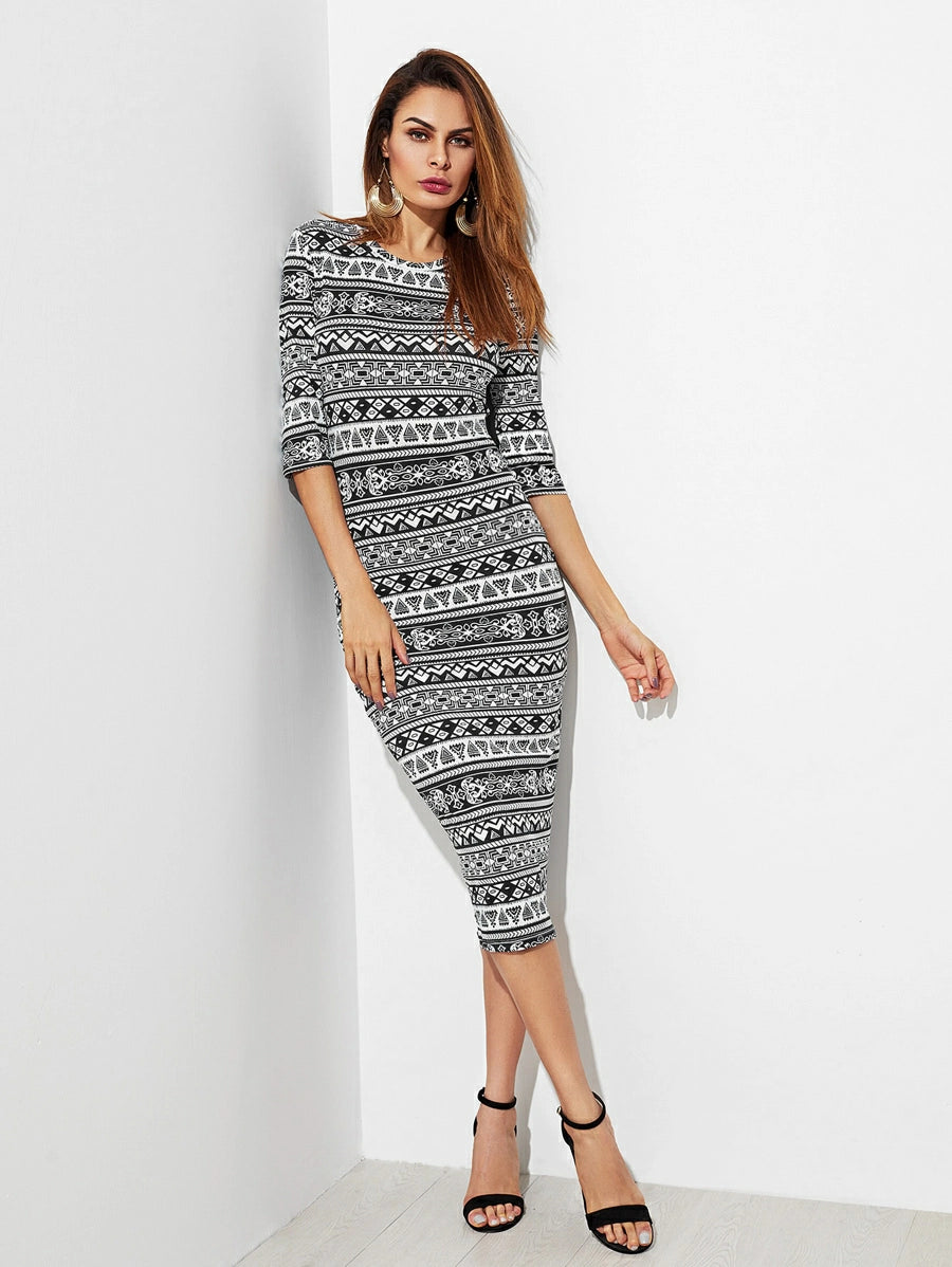 Tribal Print Form Fitting Dress Periwinkley Shop