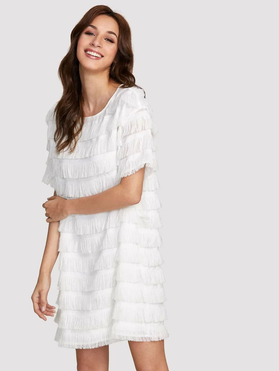 Layered Fringe Detail Solid Dress Periwinkley Shop