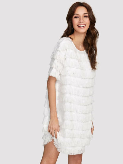 Layered Fringe Detail Solid Dress Periwinkley Shop