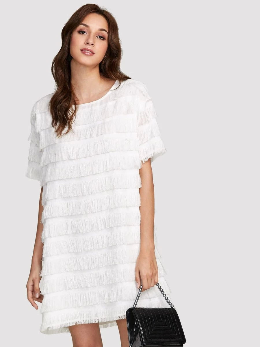 Layered Fringe Detail Solid Dress Periwinkley Shop