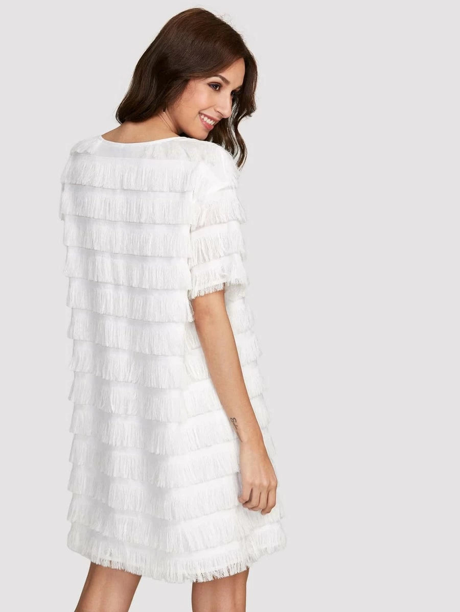 Layered Fringe Detail Solid Dress Periwinkley Shop
