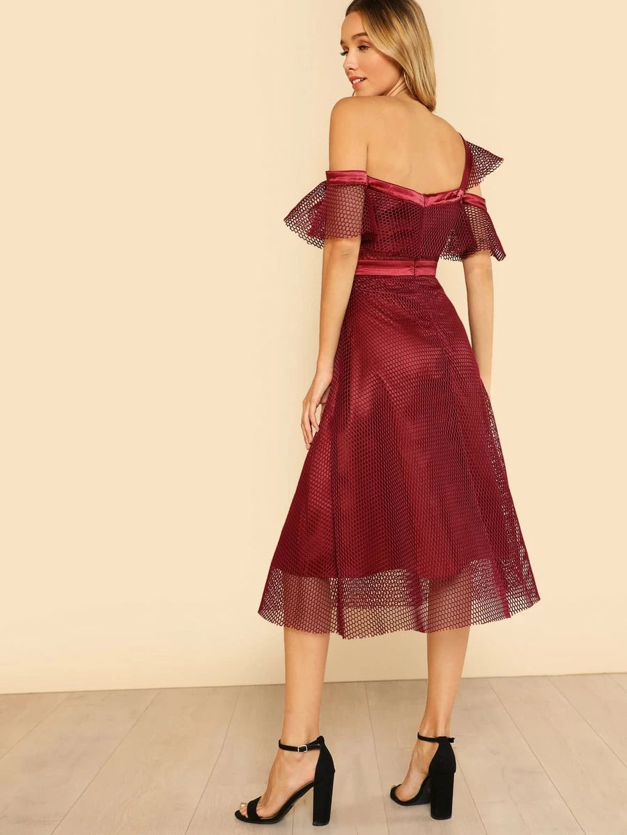 Asymmetric Shoulder Eyelet Mesh Overlay Dress Periwinkley Shop