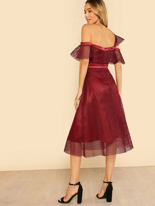 Asymmetric Shoulder Eyelet Mesh Overlay Dress Periwinkley Shop