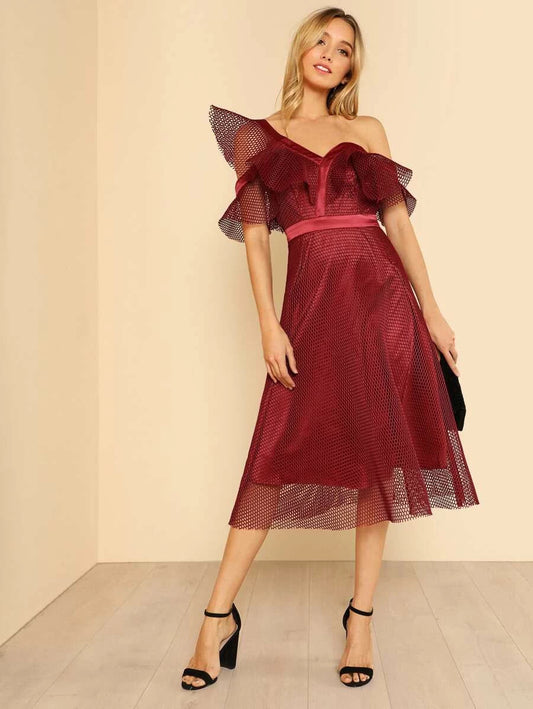 Asymmetric Shoulder Eyelet Mesh Overlay Dress Periwinkley Shop