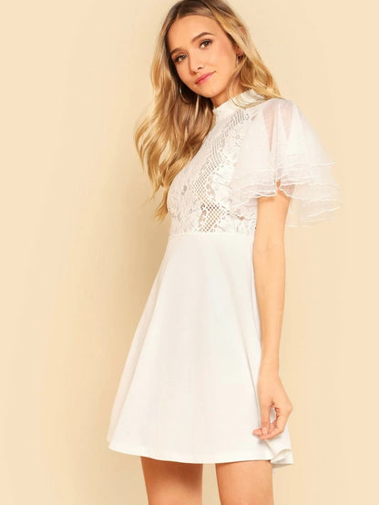 Layered Flounce Sleeve Lace Bodice Dress Periwinkley Shop