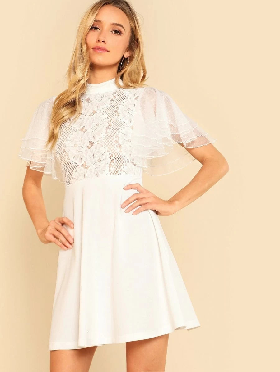 Layered Flounce Sleeve Lace Bodice Dress Periwinkley Shop