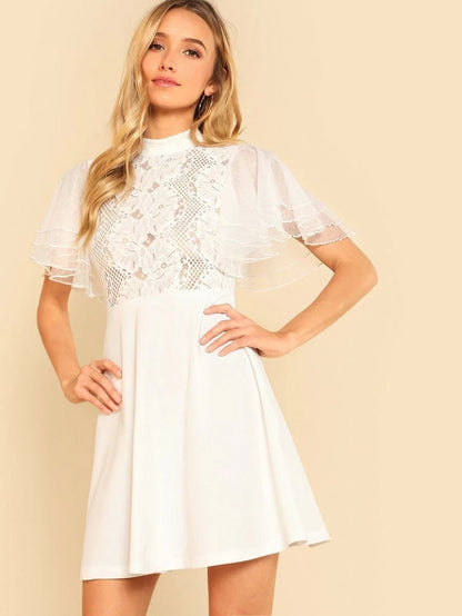 Layered Flounce Sleeve Lace Bodice Dress Periwinkley Shop