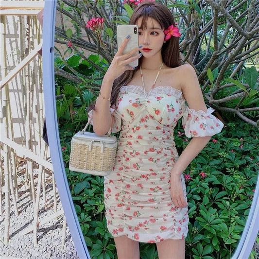 Lace Slash Neck Strapless  Puff Sleeve Flowers Short Dress Periwinkley Shop