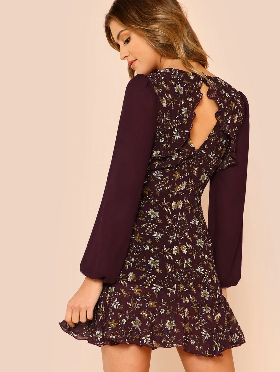 Ruffle Trim Bishop Sleeve Botanical Dress Periwinkley Shop