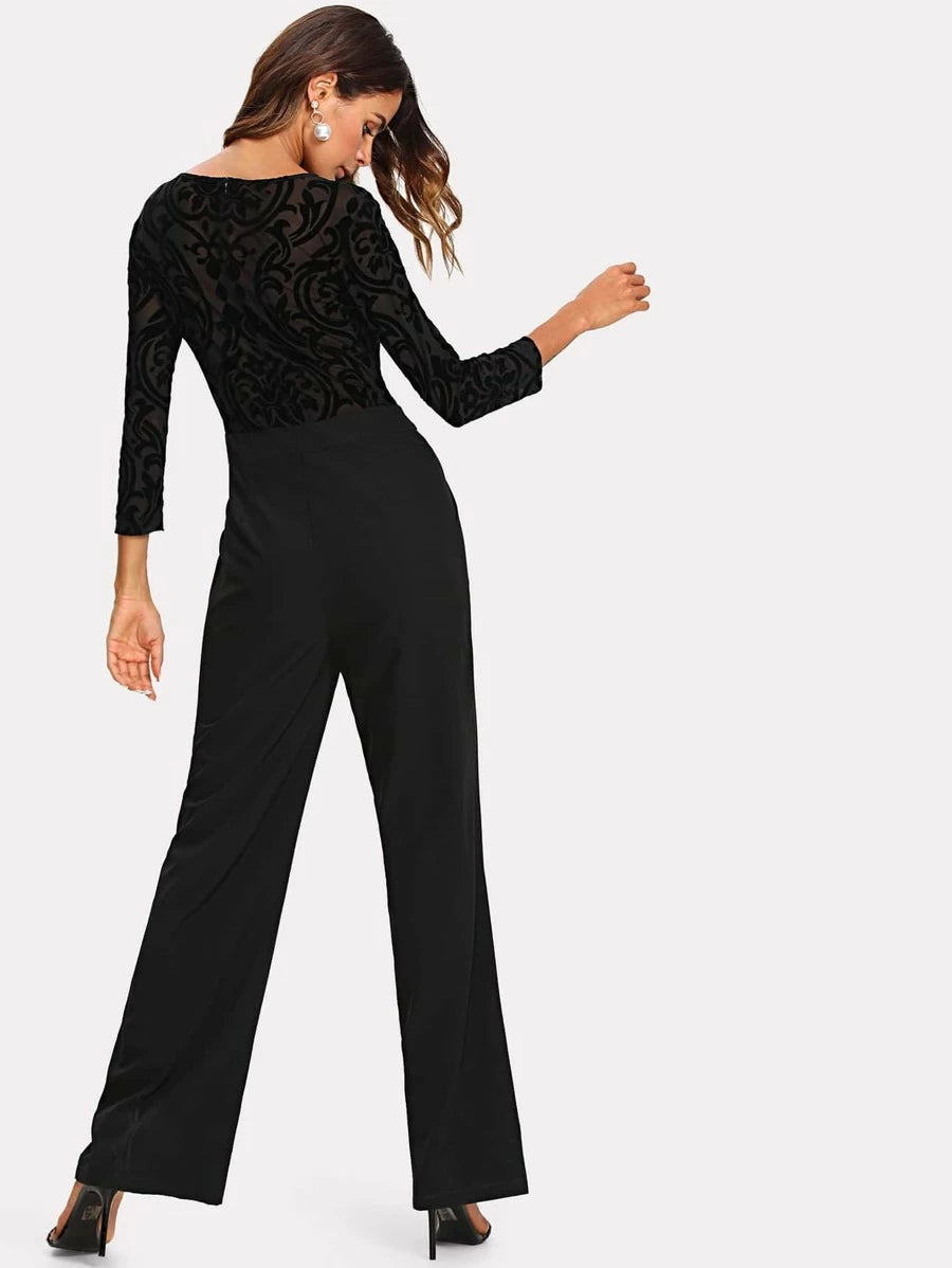 Flocked Mesh Bodice Palazzo Jumpsuit Periwinkley Shop