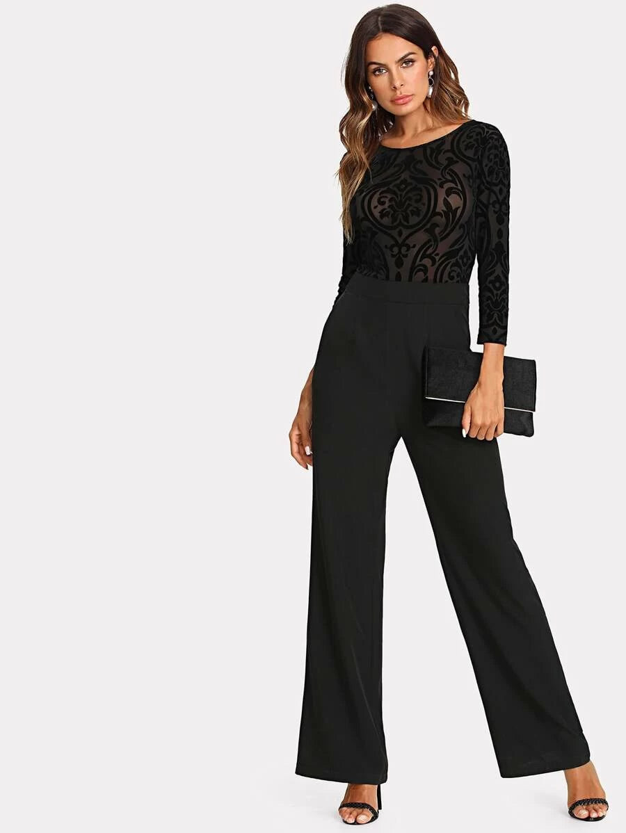 Flocked Mesh Bodice Palazzo Jumpsuit Periwinkley Shop