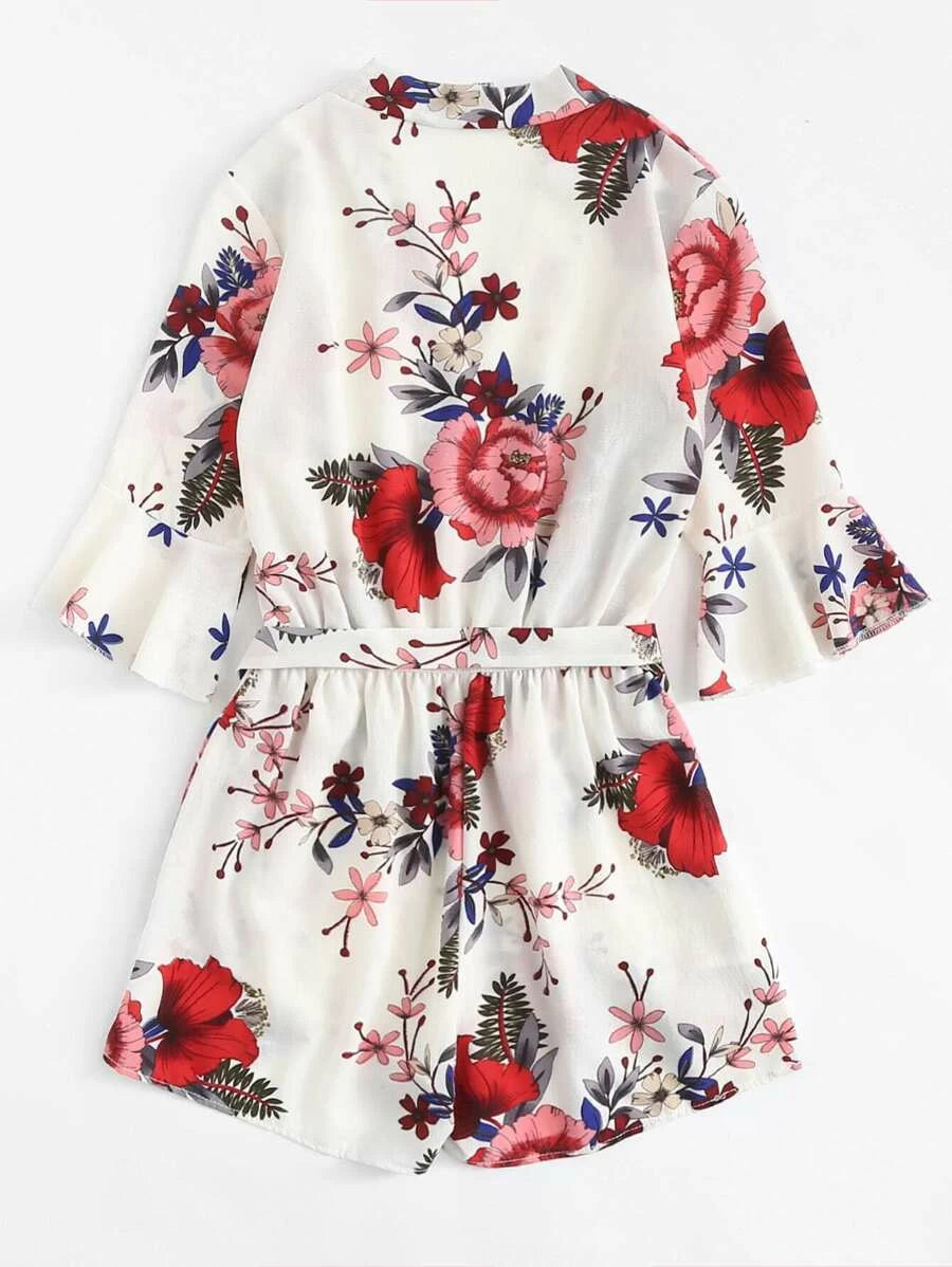 Floral Print Self Tie Waist Romper Periwinkley Shop