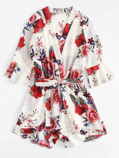 Floral Print Self Tie Waist Romper Periwinkley Shop