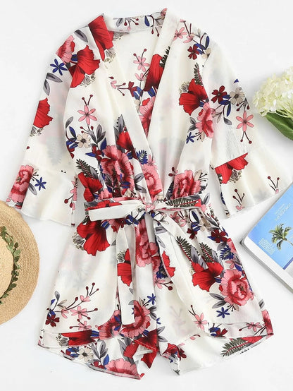 Floral Print Self Tie Waist Romper Periwinkley Shop