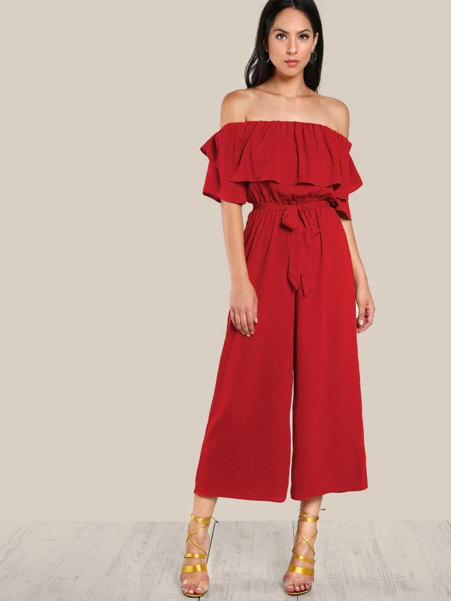 Flounce Off Shoulder Self Tie Culotte Jumpsuit Periwinkley Shop