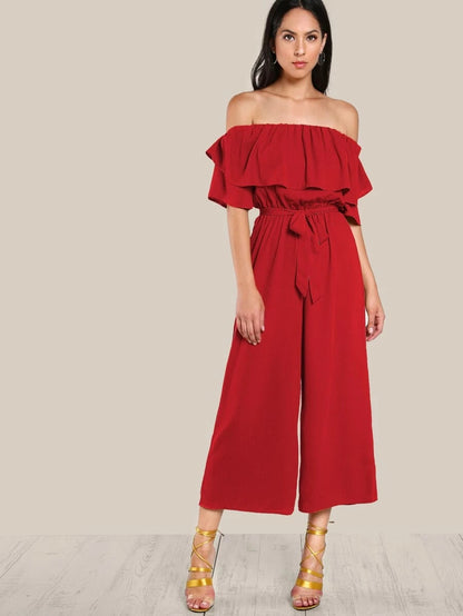 Flounce Off Shoulder Self Tie Culotte Jumpsuit Periwinkley Shop