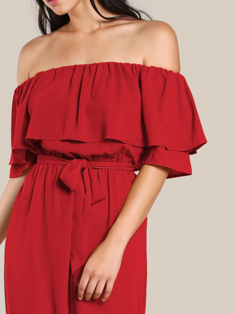 Flounce Off Shoulder Self Tie Culotte Jumpsuit Periwinkley Shop