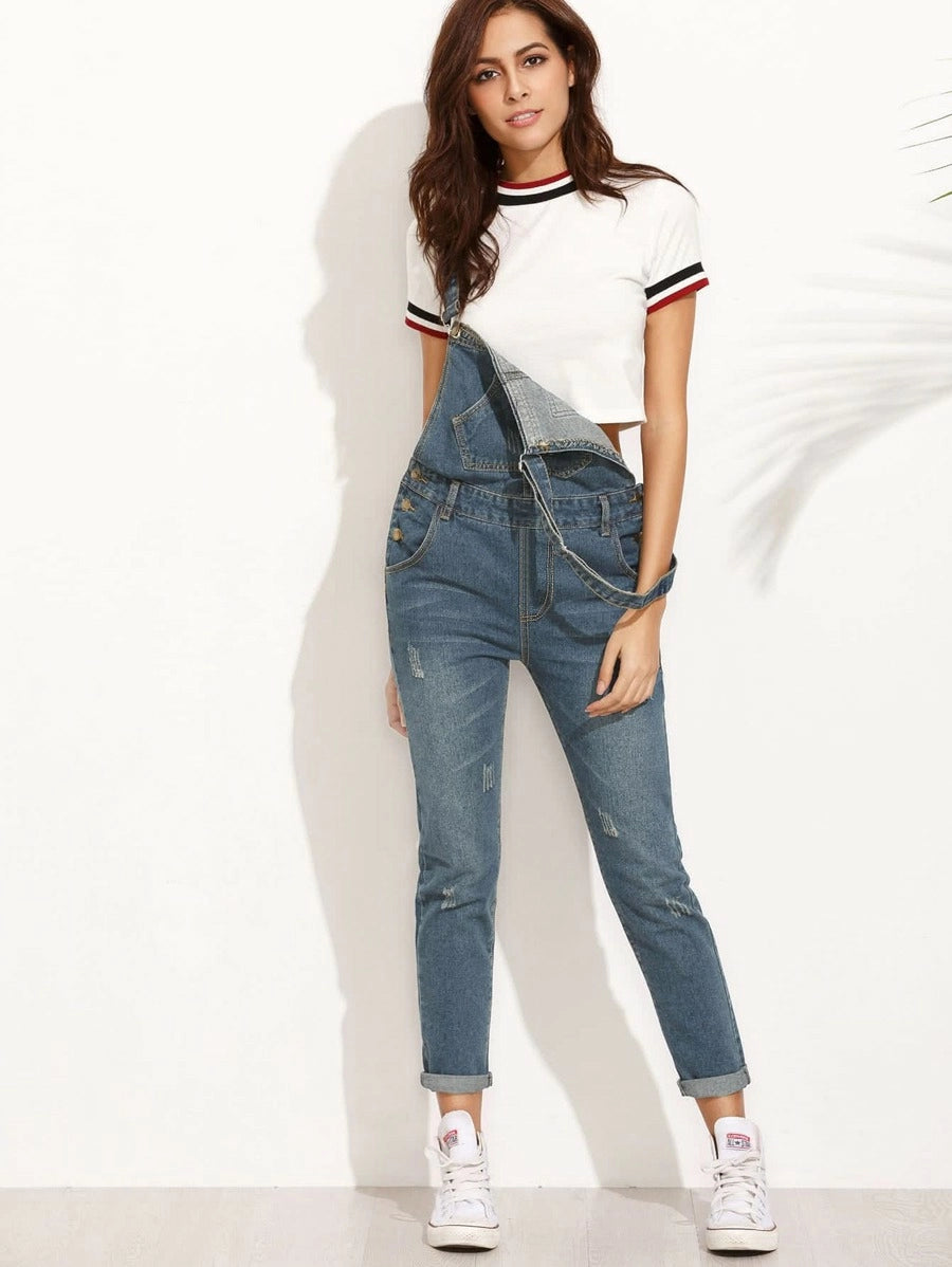 Ripped Rolled Hem Denim Dungaree Periwinkley Shop