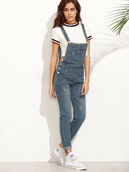 Ripped Rolled Hem Denim Dungaree Periwinkley Shop