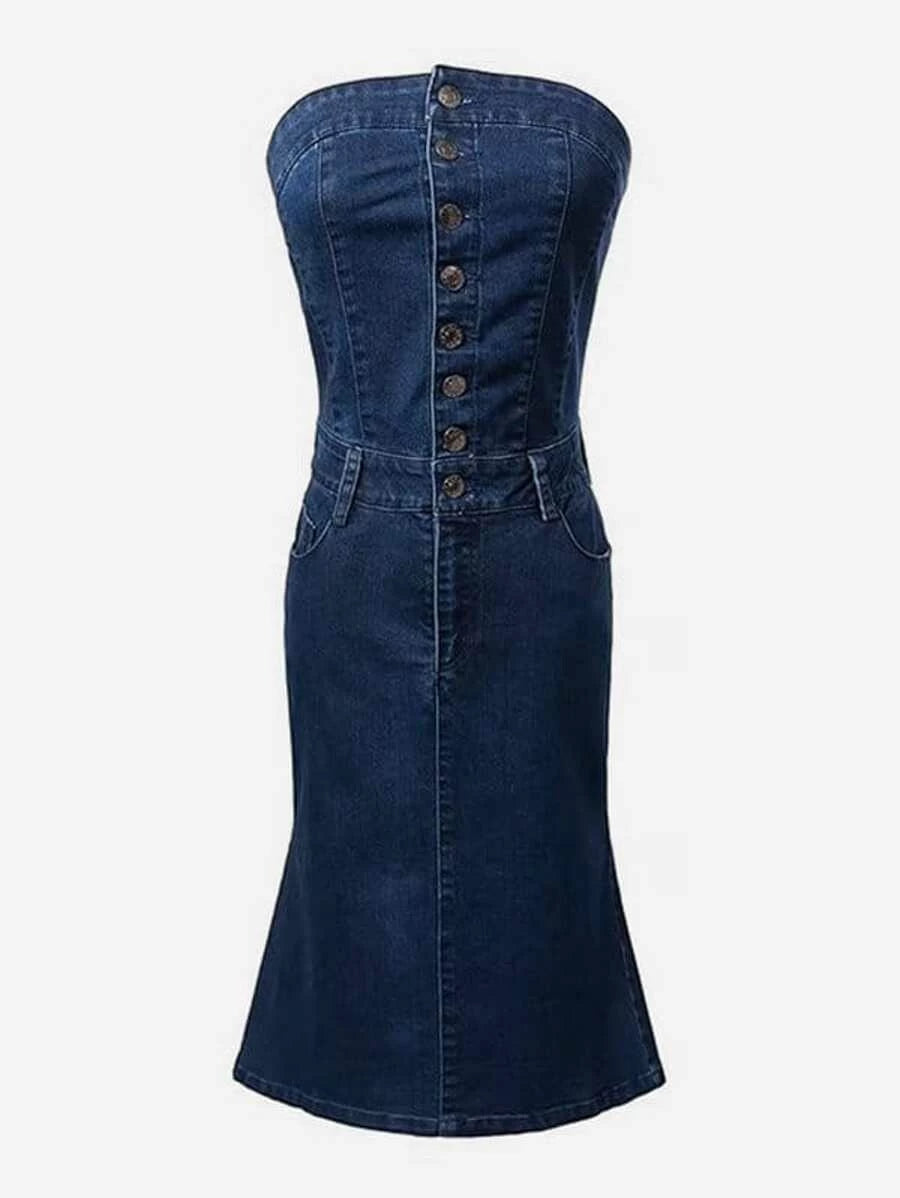 Single Breasted Tube Denim Dress Periwinkley Shop
