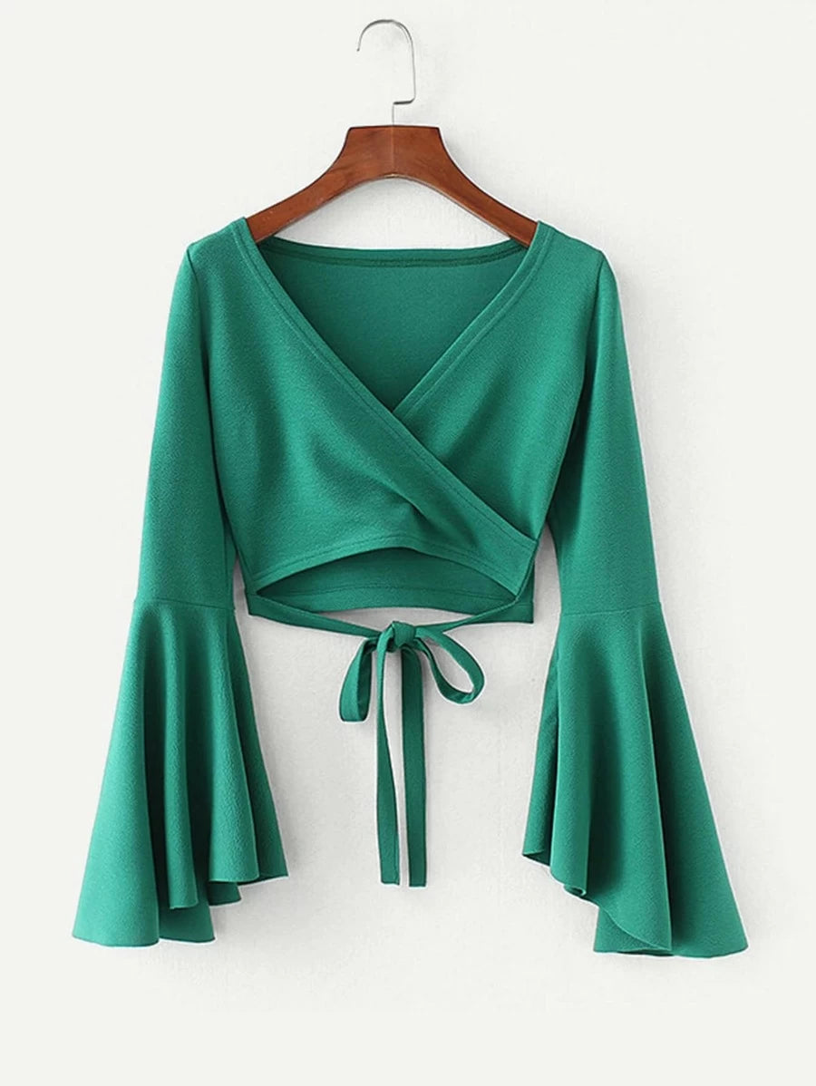 Bell Sleeve Knotted Hem Surplice Blouse Periwinkley Shop